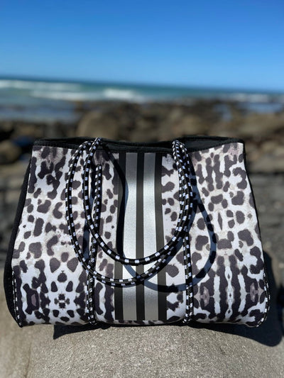 Neoprene Bag - Vegan Tote - 2 Piece Set - Stripe - Black & White Leopard