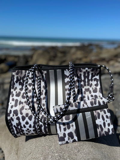 Neoprene Bag - Vegan Tote - 2 Piece Set - Stripe - Black & White Leopard