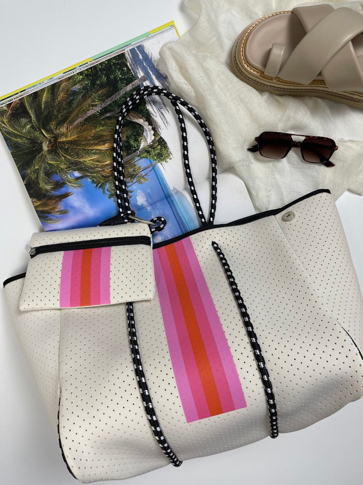 Neoprene Bag - Vegan Tote - 2 Piece Set - Stripe - White