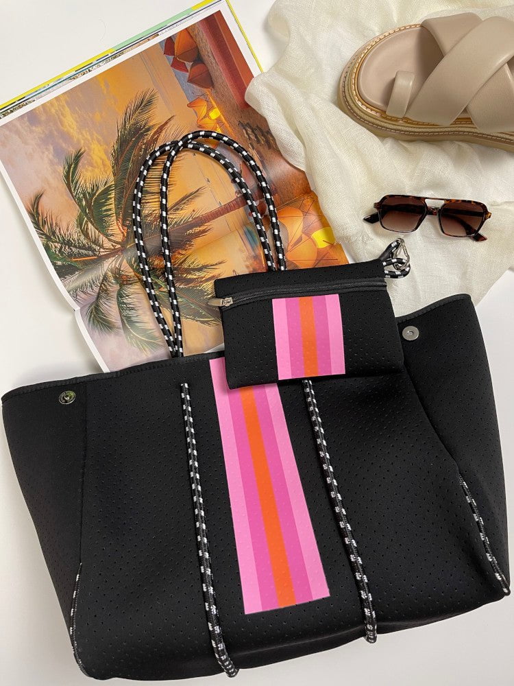 Neoprene Bag - Vegan Tote - 2 Piece Set - Stripe - Black & Pink