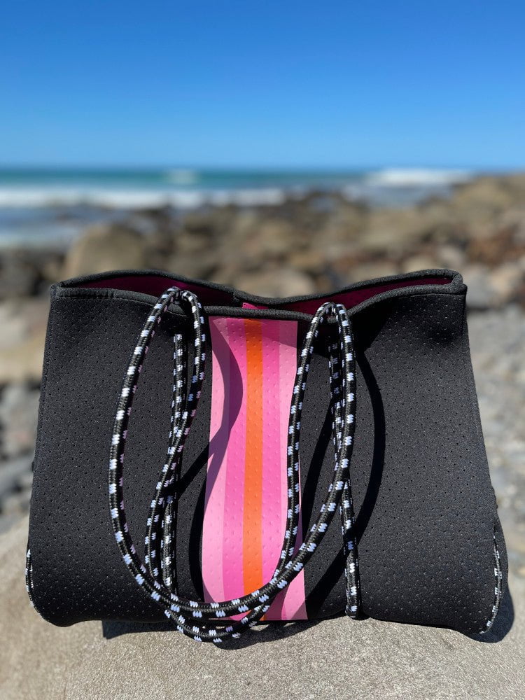 Neoprene Bag - Vegan Tote - 2 Piece Set - Stripe - Black & Pink