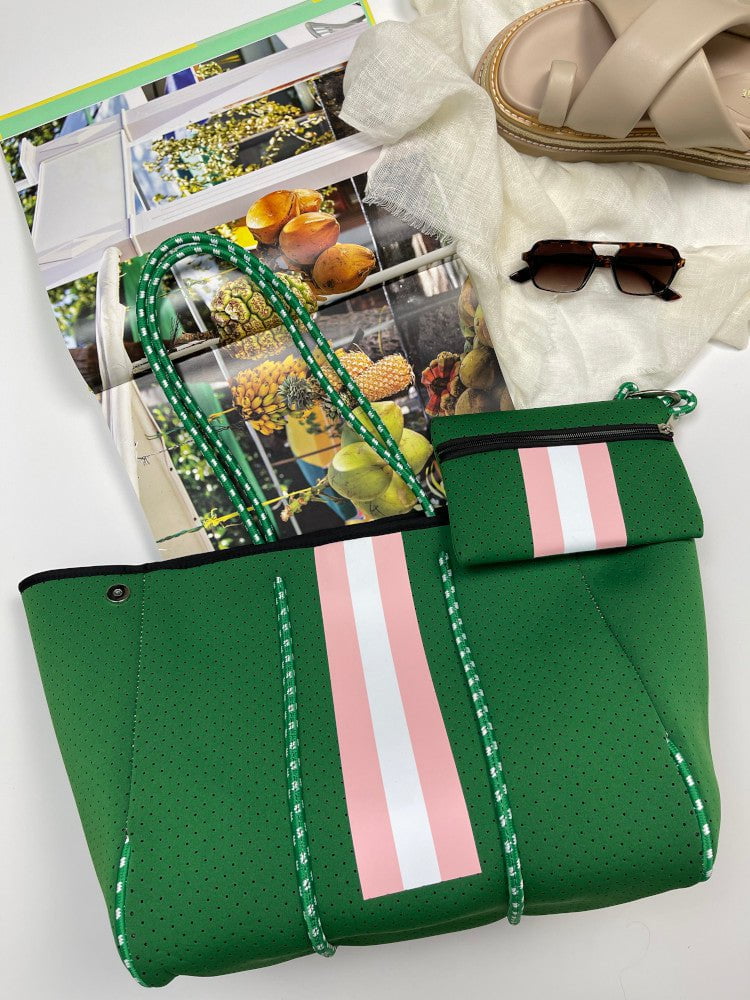 Neoprene Bag - Vegan Tote - 2 Piece Set - Stripe - Emerald Green