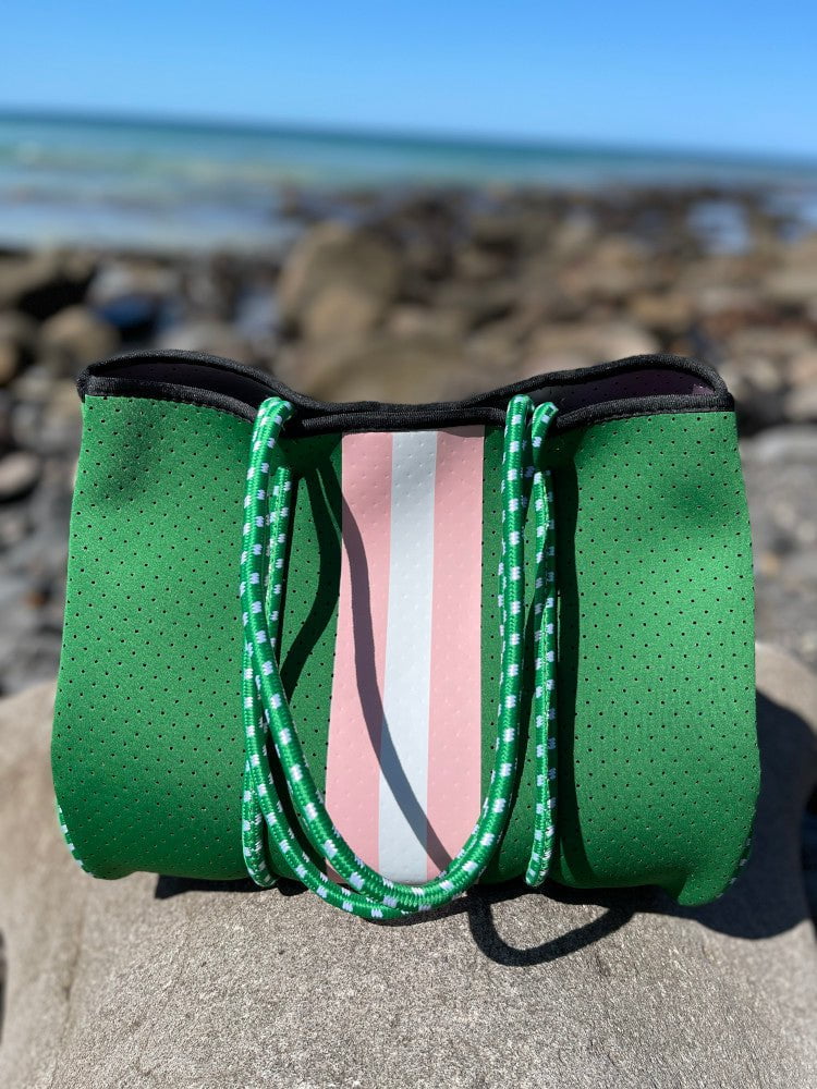 Neoprene Bag - Vegan Tote - 2 Piece Set - Stripe - Emerald Green