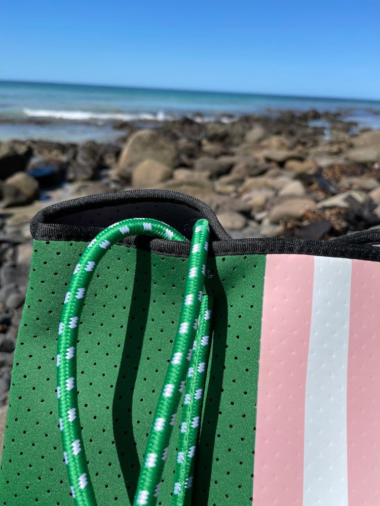 Neoprene Bag - Vegan Tote - 2 Piece Set - Stripe - Emerald Green