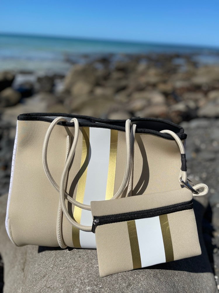 Neoprene Bag - Vegan Tote - 2 Piece Set - Stripe - Beige & Gold