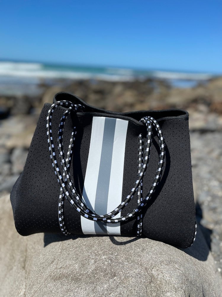 Neoprene Bag - Vegan Tote - 2 Piece Set - Stripe - Black & Grey