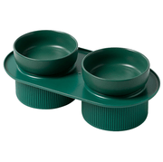 24x Ribbed Ceramic Double Pet Bowl 3pc Set - Emerald