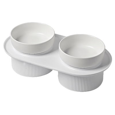 24x Ribbed Ceramic Double Pet Bowl 3pc Set - White