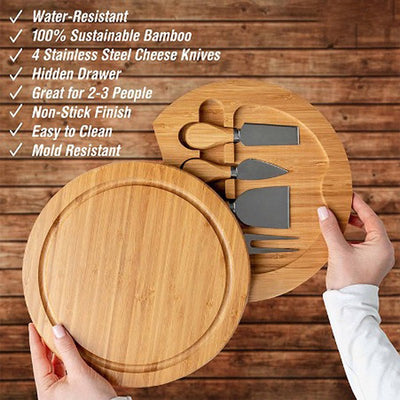 Minnie Bamboo Cheese Charcuterie Board and Knife Set 5 piece Round 22cm Free Delivery