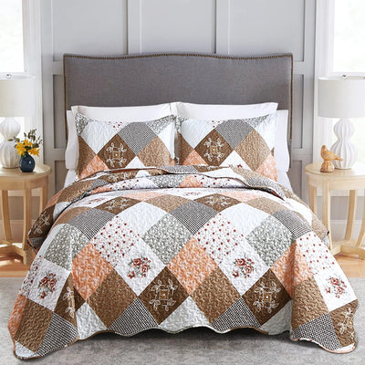 Gleaming rust brown colo patchwork 3 Pc XL Bedspread & Pillow Cover Set