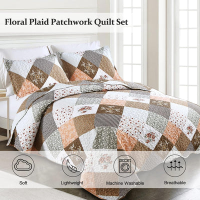 Gleaming rust brown colo patchwork 3 Pc XL Bedspread & Pillow Cover Set