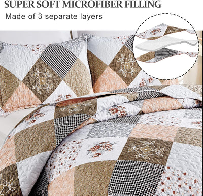 Gleaming rust brown colo patchwork 3 Pc XL Bedspread & Pillow Cover Set