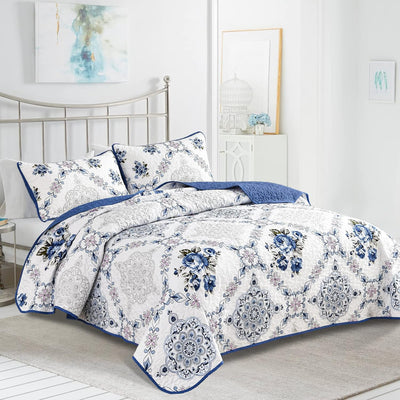 Rich white blue Elegant 3 Pc Bedspread & Pillow Cover Set