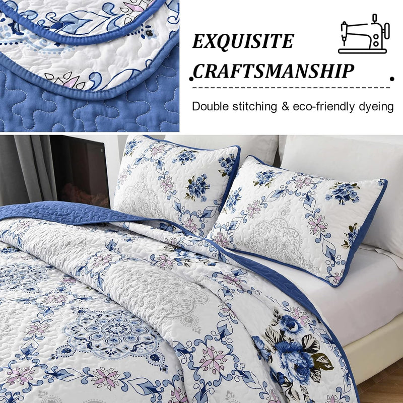 Rich white blue Elegant 3 Pc Bedspread & Pillow Cover Set