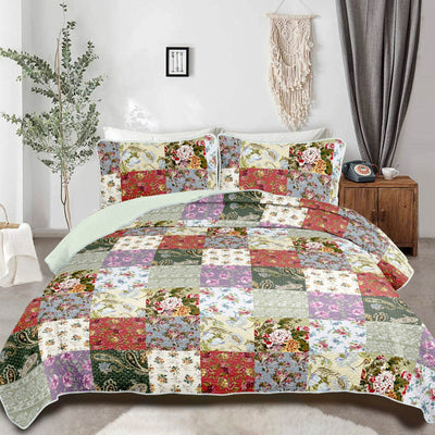 Classic patchwork Quilted multicolour 3 Pc Bedspread & Pillow Cover Set