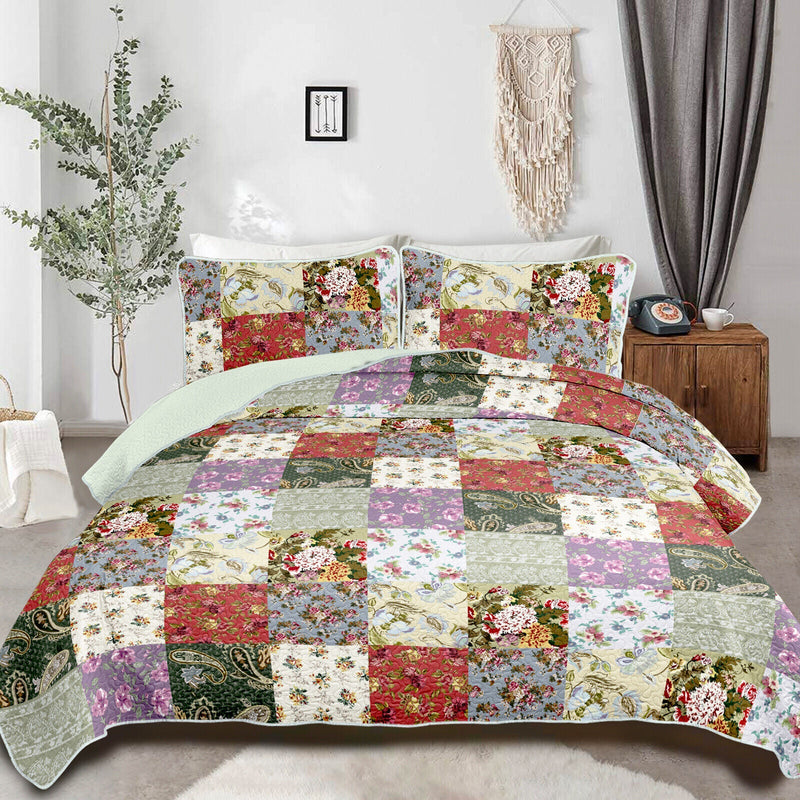 Classic patchwork Quilted multicolour 3 Pc Bedspread & Pillow Cover Set