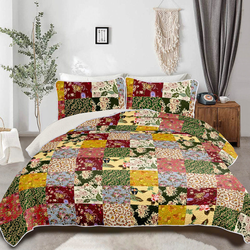 Elegant patchwork Quilted multicolour 3 Pc Bedspread & Pillow Cover Set