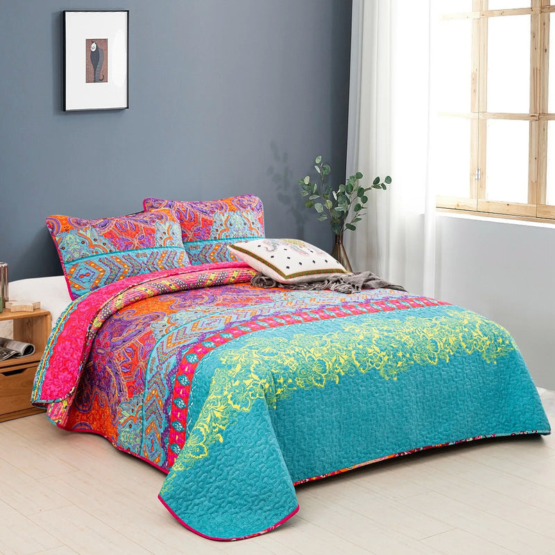 Colorful Quilted bedspread and pillowcovers set: Add a Splash of Color - Queen size