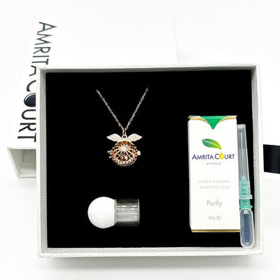 Gift Box - Angel Ball Rose Gold Aroma Necklace + Purify Oil Blend