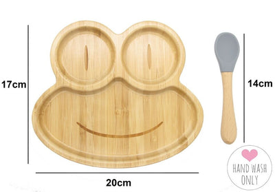 Bamboo Kids Children Baby Plate Bowl & Silicon Suction Cap Base & Spoon - Frog