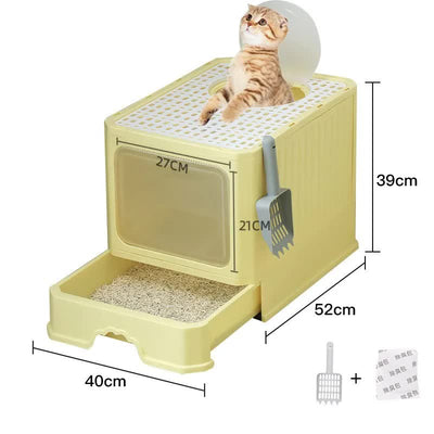 Top-Entry Cat Litter Box with Drawer-Enclosed Design, Easy Clean, Odor Control, Anti-Tracking Lid Yellow