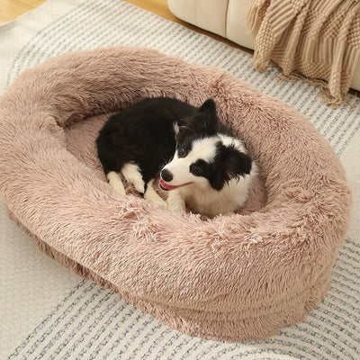 Fluffy Donut-Shaped Pet Bed- Soft, Cozy, and Anti-Anxiety for Dogs and Cats, Machine Washable  Beige Brown Size:M 75*55*18cm