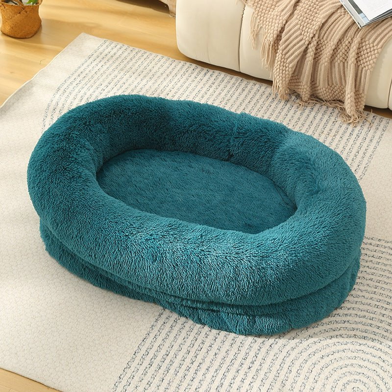 Fluffy Donut-Shaped Pet Bed- Soft, Cozy, and Anti-Anxiety for Dogs and Cats, Machine Washable  cyan blue Size:L 90*65*20cm