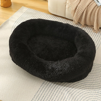 Fluffy Donut-Shaped Pet Bed- Soft, Cozy, and Anti-Anxiety for Dogs and Cats, Machine Washable  Black Size:S 60*50*18cm