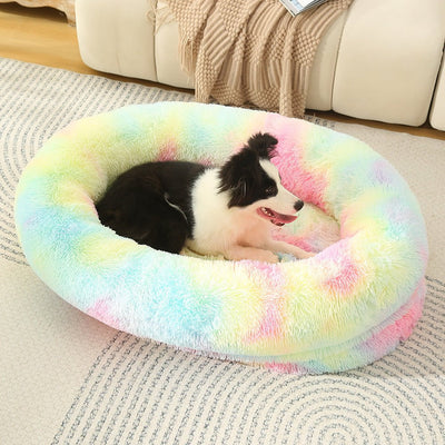 Fluffy Donut-Shaped Pet Bed- Soft, Cozy, and Anti-Anxiety for Dogs and Cats, Machine Washable  Rainbow-colored Size:S 60*50*18cm