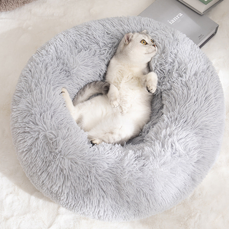 Calming Donut Pet Bed -Soft Faux Fur, Anti-Anxiety Fluffy Round Bed for Cats and Small Dogs (Coffee)40cm