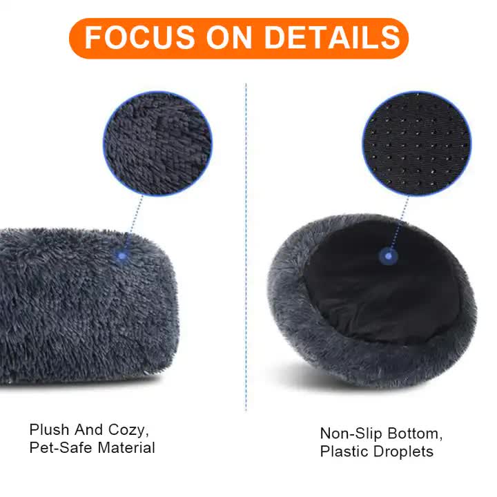 Calming Donut Pet Bed -Soft Faux Fur, Anti-Anxiety Fluffy Round Bed for Cats and Small Dogs (Coffee)50cm