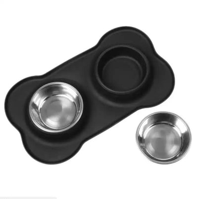 Non-Slip Stainless Steel Double Pet Bowl Set with Spill-Resistant Silicone Mat 45*27cm Black