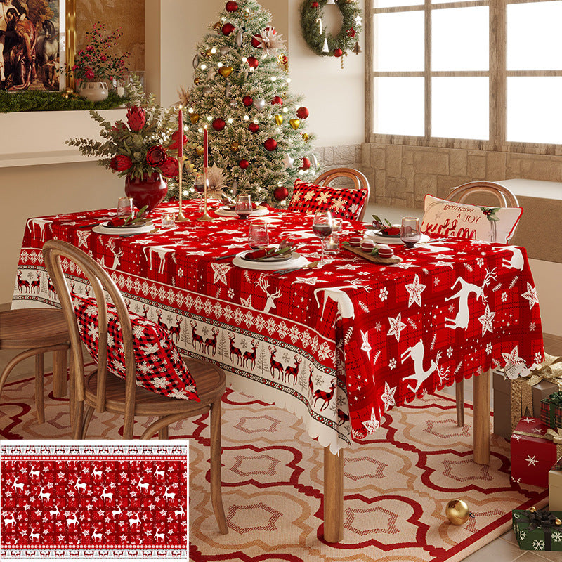 Christmas Reindeer Pattern Tablecloth - Festive Red Holiday Table Cover for Dining and Home Decor  100*140cm