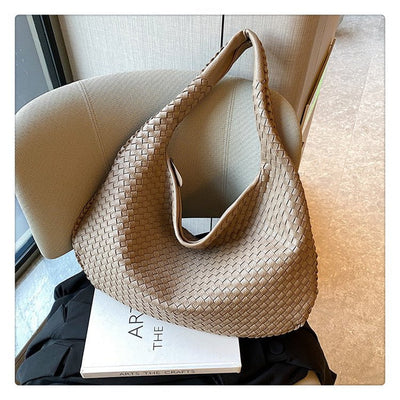 Elegant Woven Leather Hobo Bag - Soft Shoulder Tote 47*32cm (khaki)