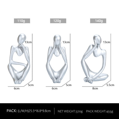 Abstract Thinker Sculpture Set - Silver Resin Figurines, Modern Art Home Decor, Set of 3