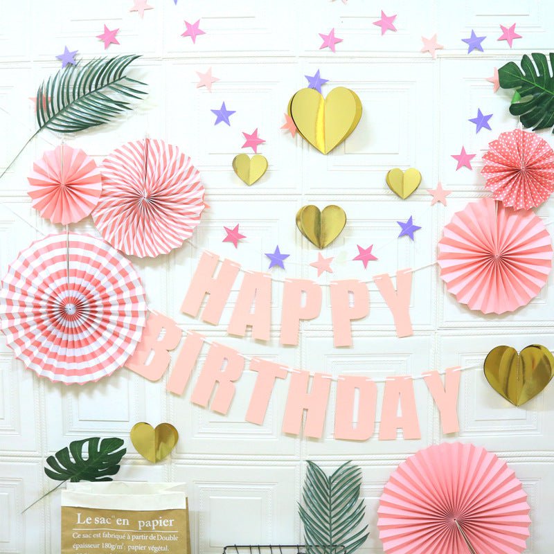 Happy Birthday Party Decoration Set -  Fan Decorations, Hearts, Stars & Banner