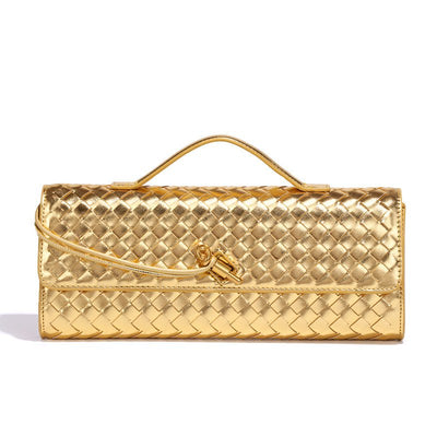 Gold Luxury Woven PU Leather Clutch - Elegant Women's Evening Baguette Bag with Adjustable Shoulder Strap