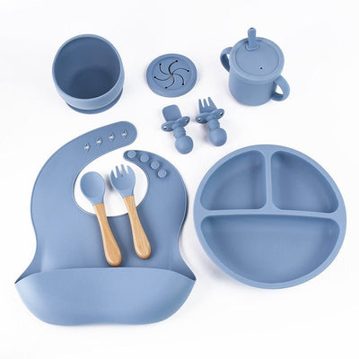 Blue 8-Piece Silicone Children's Tableware Set - BPA-Free Baby Feeding Utensils with Wooden Fork and Spoon, Cup, Bowl, and Bibs