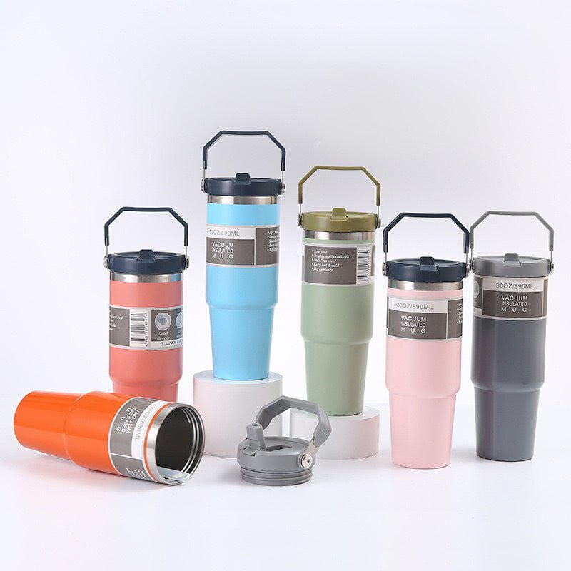 Pink 30oz 304 Stainless Steel Ice Cup with Handle - Portable Car and Travel Cup, Double Insulated, for Hot & Cold Drinks