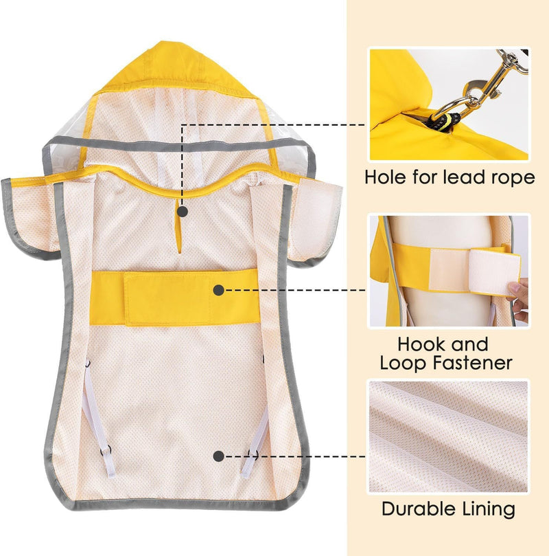 M Yellow Reflective Adjustable Pet Raincoat with Hood - Waterproof Dog Jacket, Adjustable Dog Poncho for Outdoor Protection