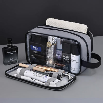 Grey Elite Series 3-Layer Large Capacity Men's Toiletry Bag - Portable Travel Cosmetic Organizer with Premium Design