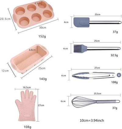 Pink 7-Piece Silicone Bakeware Set with Whisk, Spatula, Brush, Gloves, and Cake Molds for Home Baking