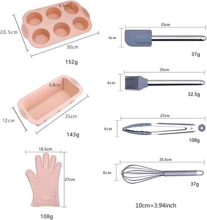 Pink 7-Piece Silicone Bakeware Set with Whisk, Spatula, Brush, Gloves, and Cake Molds for Home Baking