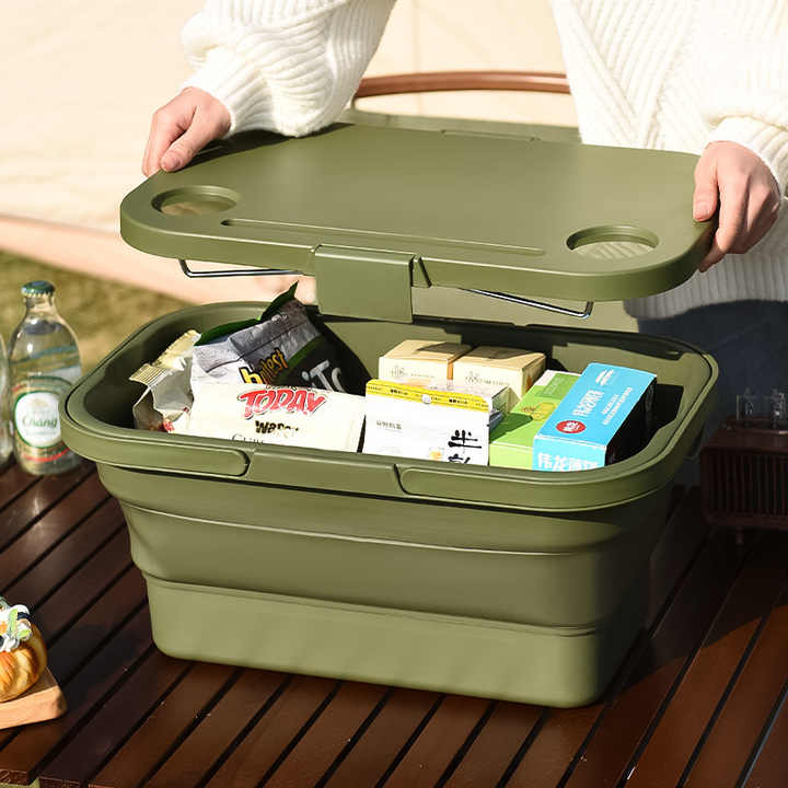 Grey Foldable Outdoor Picnic Basket with Lid and Tabletop, Camping Storage Box, Car-Friendly Organizer