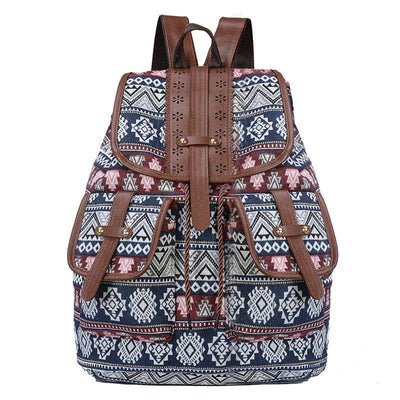 Bohemian Style Canvas Backpack - Vintage Tribal Pattern Travel Bag with Leather Straps