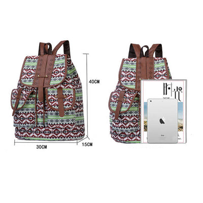 Bohemian Style Canvas Backpack - Vintage Tribal Pattern Travel Bag with Leather Straps