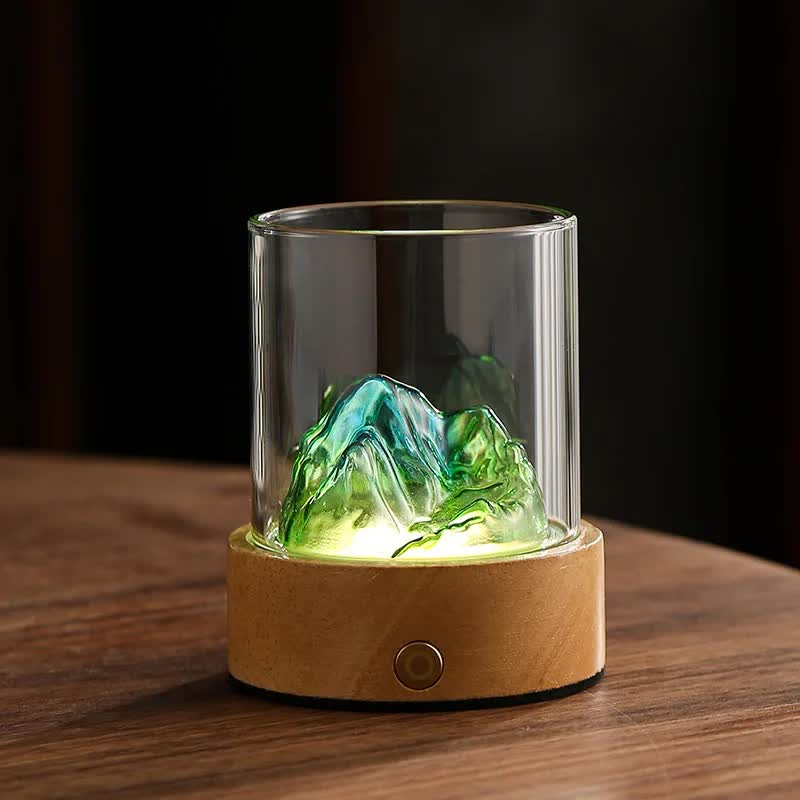 Green-blue LED Glass Night Light with Mountain Design, USB Rechargeable