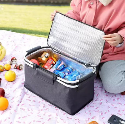 Black Portable Aluminum Foil Insulated Picnic Basket with Zipper Lid, 40x20x23cm