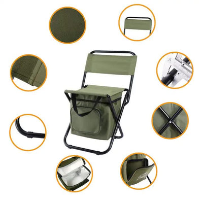 Black Portable 3-in-1 Folding Camping Chair with Storage Bag, Backrest, and Insulated Cooler for Outdoor Fishing, Hiking, and Picnics