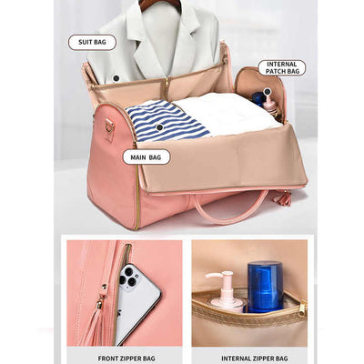 White And Brown  PU Leather Foldable Garment Bag, Women's Travel Duffel with Suit Carrier, Multi-Function Storage